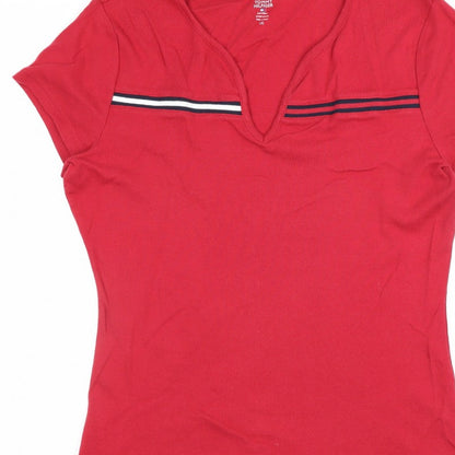 Tommy Hilfiger Women Red L V-Neck Striped Trim Slim T-Shirt
