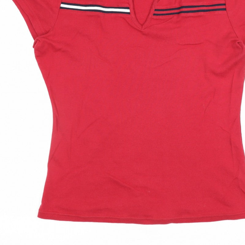 Tommy Hilfiger Women Red L V-Neck Striped Trim Slim T-Shirt
