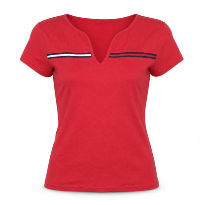 Tommy Hilfiger Women Red L V-Neck Striped Trim Slim T-Shirt