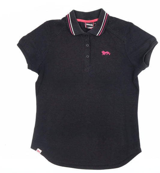Lonsdale Women's Black UK 10 Ringer Polo Shirt Pink Trim Short Sleeve