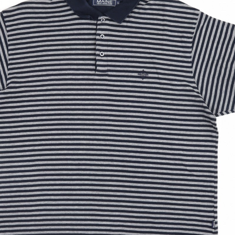 Maine New England Men's Blue Grey Striped Cotton Polo Shirt L