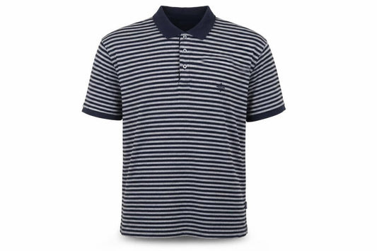 Front view of Maine New England Men's Blue Grey Striped Cotton Polo Shirt L