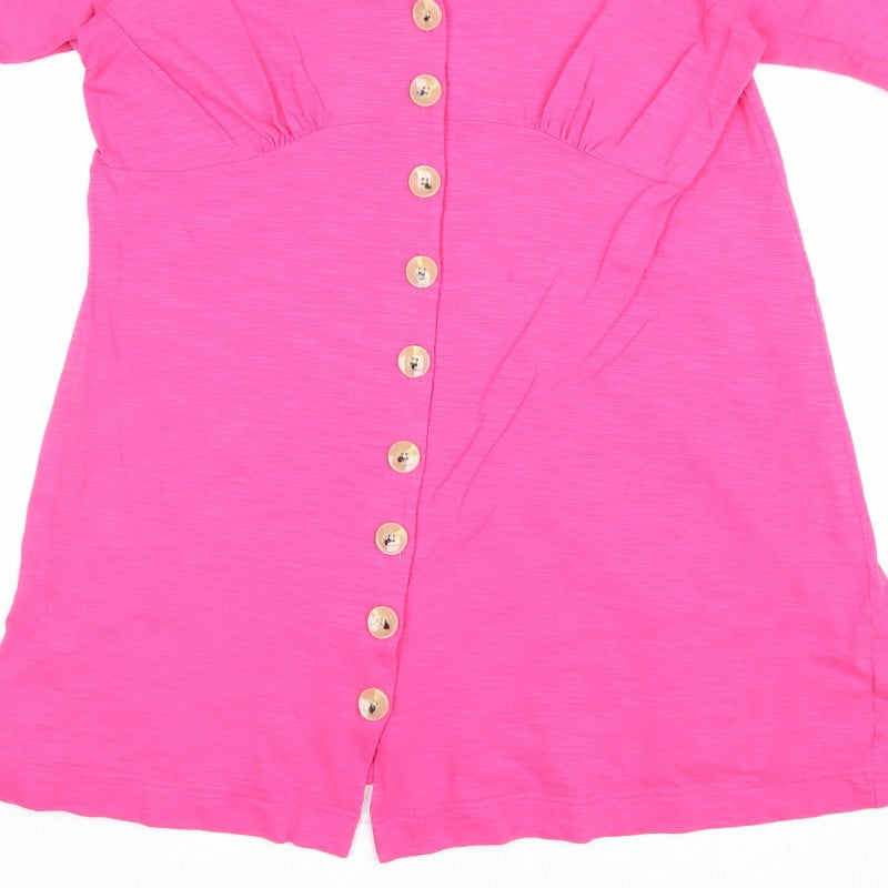 Oliver Bonas Women Pink UK 14 V-Neck Button-Up Ruffle Sleeve Top