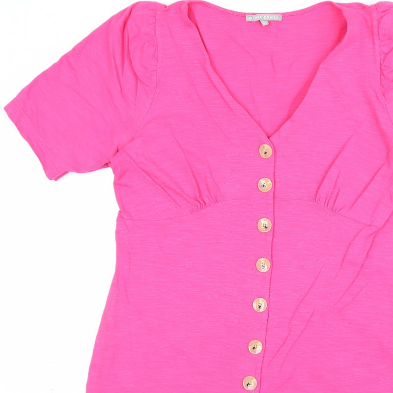 Oliver Bonas Women Pink UK 14 V-Neck Button-Up Ruffle Sleeve Top