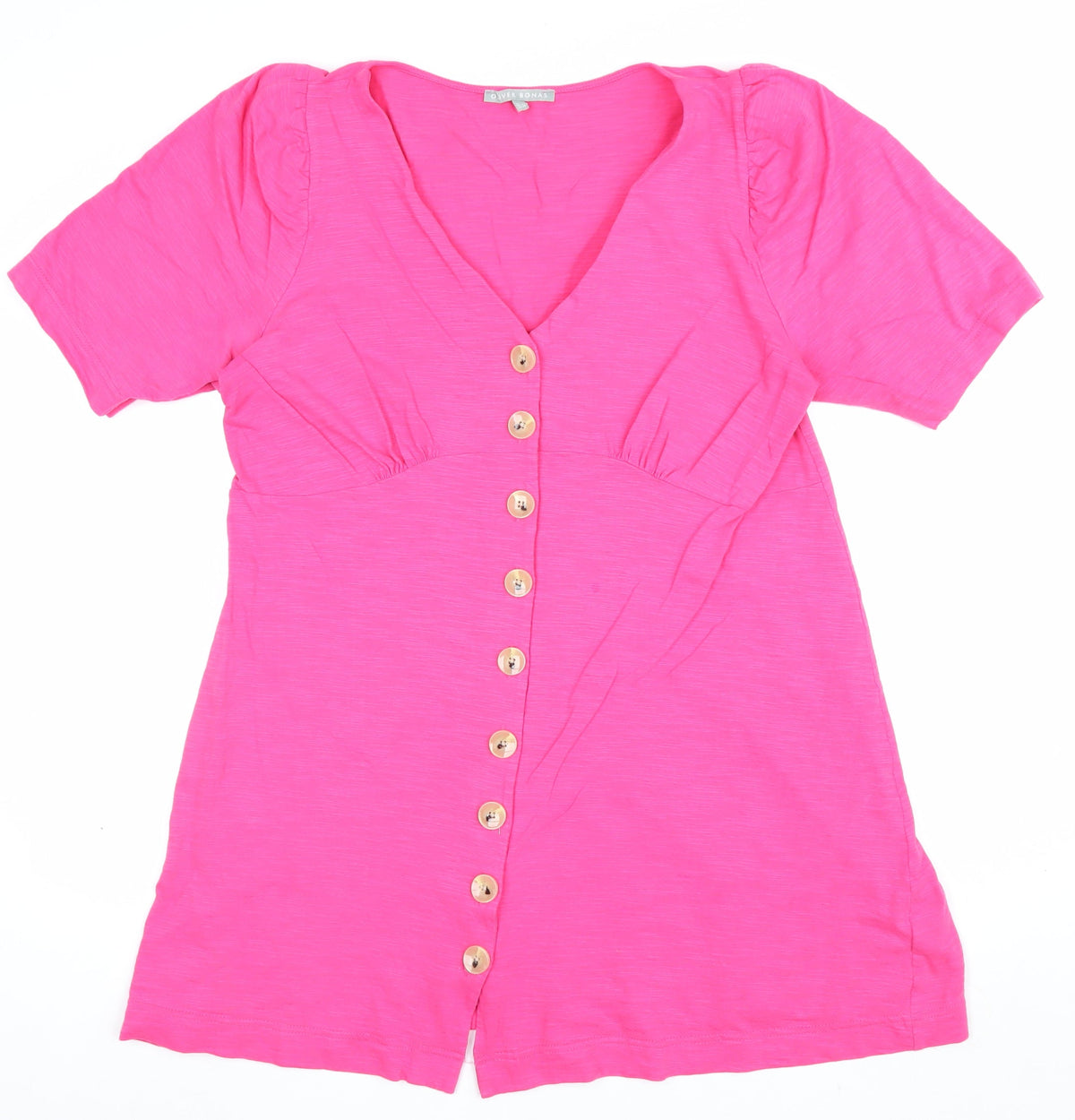 Oliver Bonas Women Pink UK 14 V-Neck Button-Up Ruffle Sleeve Top