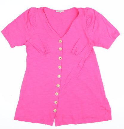 Oliver Bonas Women Pink UK 14 V-Neck Button-Up Ruffle Sleeve Top