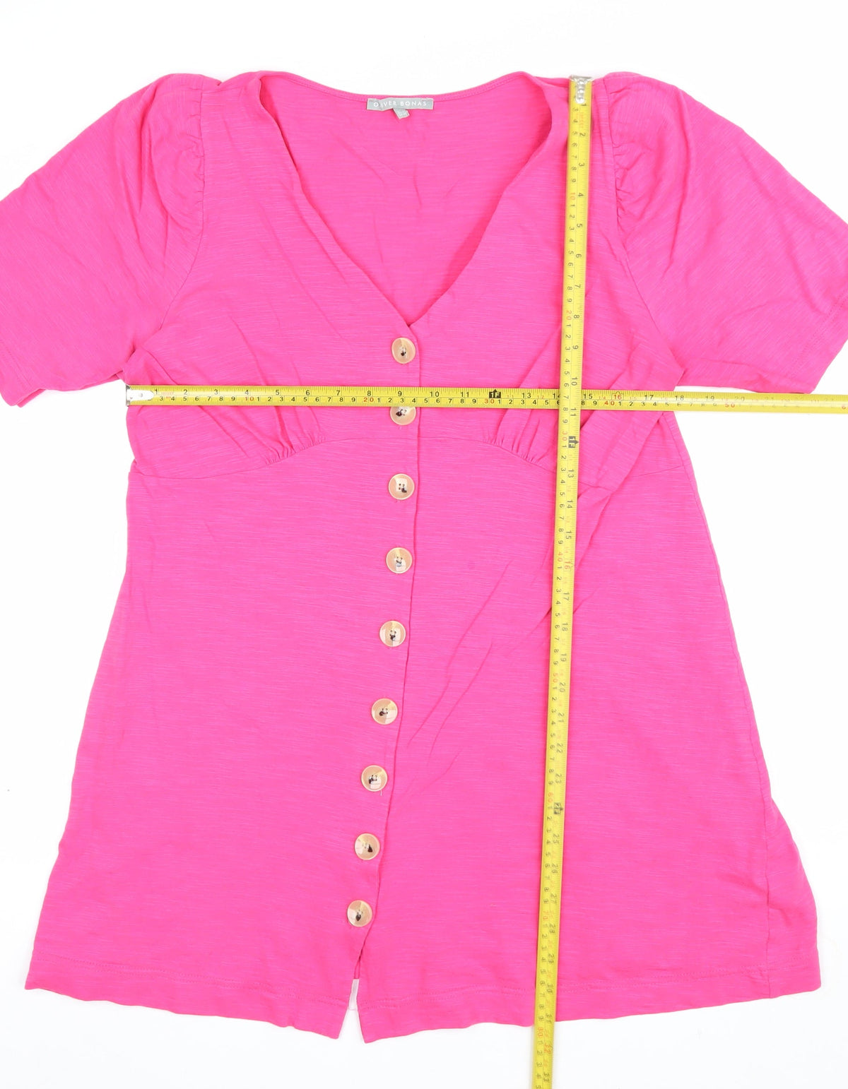 Oliver Bonas Women Pink UK 14 V-Neck Button-Up Ruffle Sleeve Top