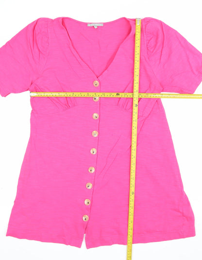 Oliver Bonas Women Pink UK 14 V-Neck Button-Up Ruffle Sleeve Top