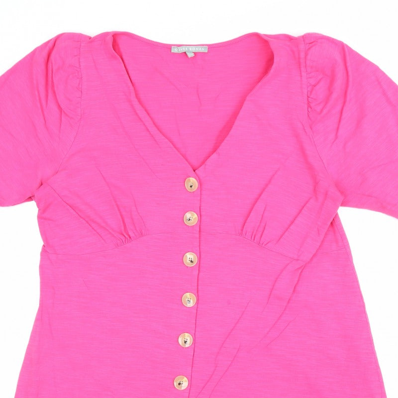 Oliver Bonas Women Pink UK 14 V-Neck Button-Up Ruffle Sleeve Top