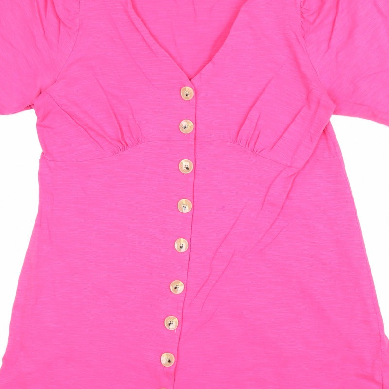 Oliver Bonas Women Pink UK 14 V-Neck Button-Up Ruffle Sleeve Top