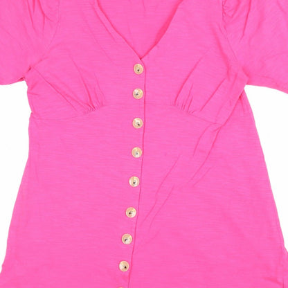 Oliver Bonas Women Pink UK 14 V-Neck Button-Up Ruffle Sleeve Top