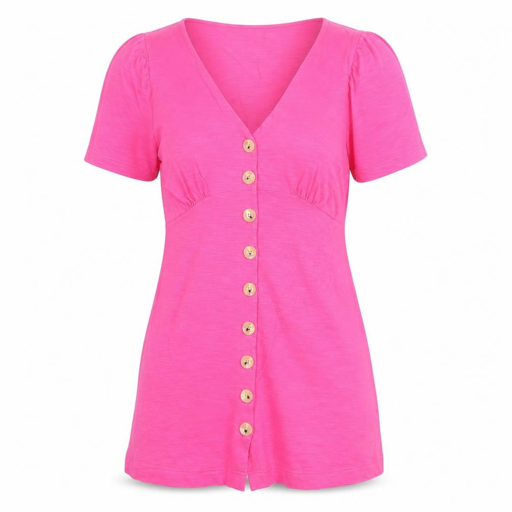 Oliver Bonas Women Pink UK 14 V-Neck Button-Up Ruffle Sleeve Top