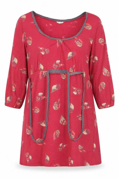 Little White Lies Women Red UK 16 Owl Cotton Tunic Blouse 3/4 Sleeve