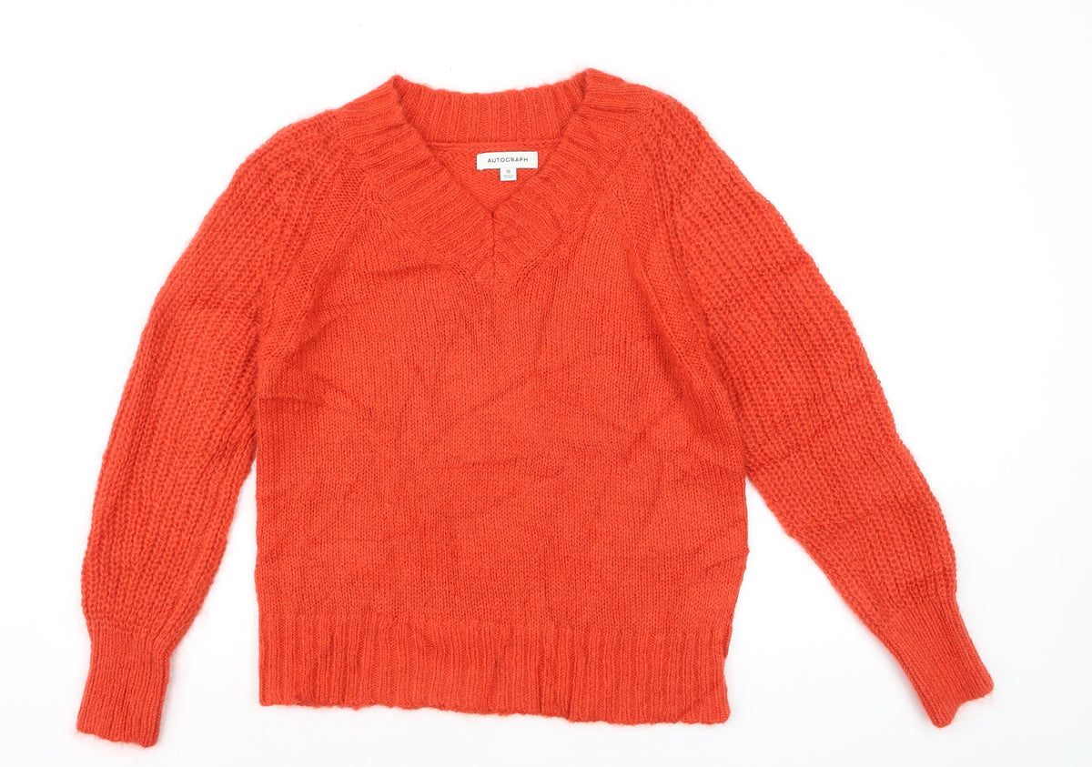 Autograph Women’s Orange Mohair Blend V-Neck Chunky Knit Jumper UK 10