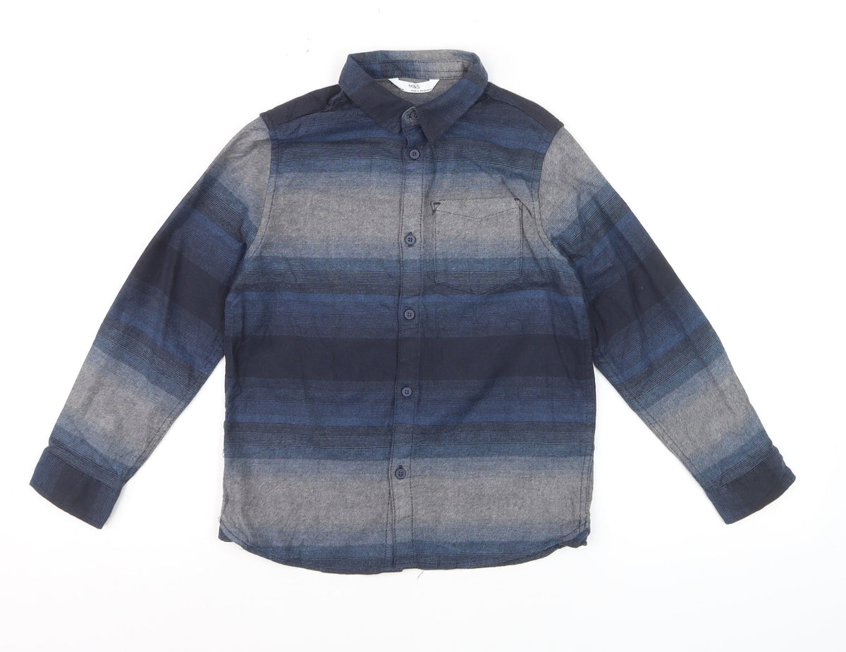 Marks and Spencer Boys Blue Striped Button-Up Shirt 7-8 Years Long Sleeve