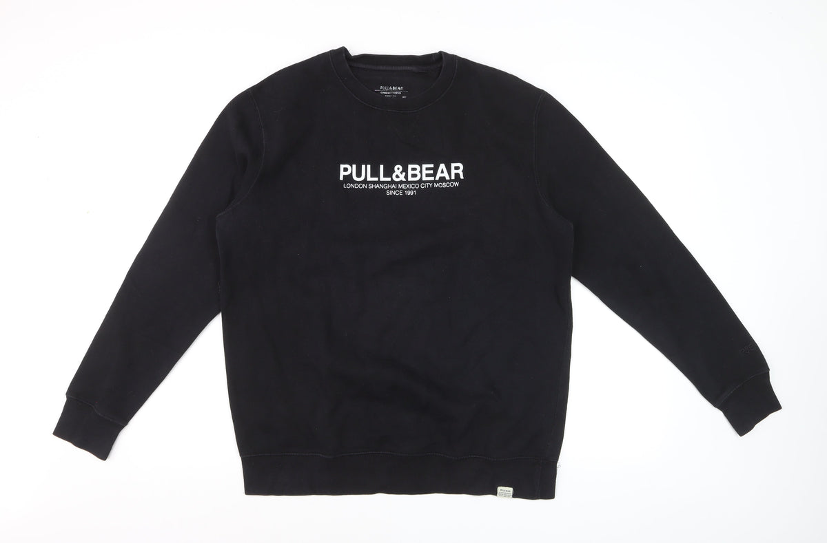 Pull&Bear Men’s Black L Logo Graphic Crew Neck Pullover Sweatshirt