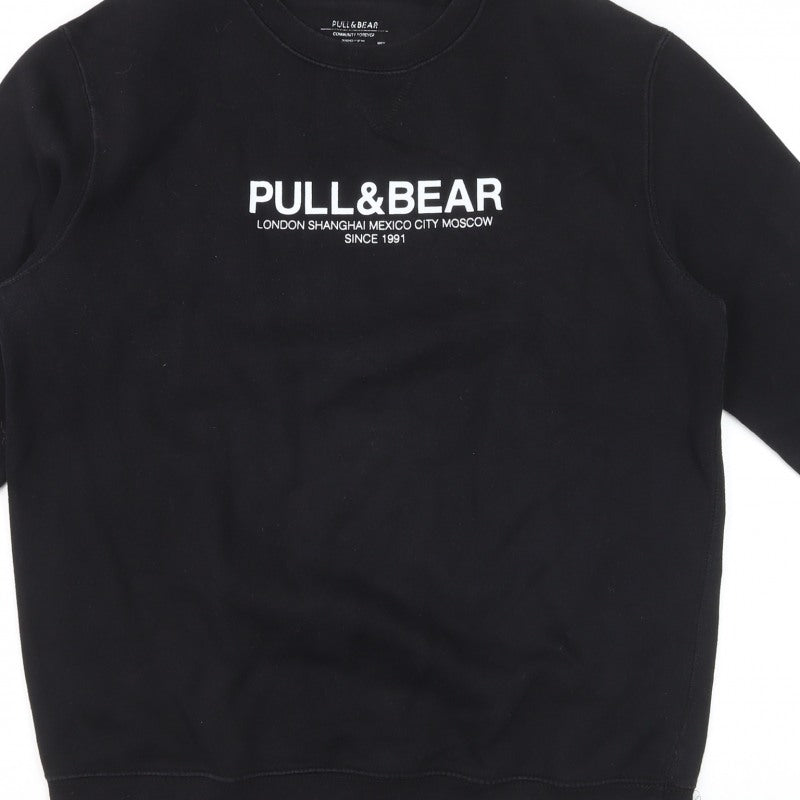 Pull&Bear Men’s Black L Logo Graphic Crew Neck Pullover Sweatshirt