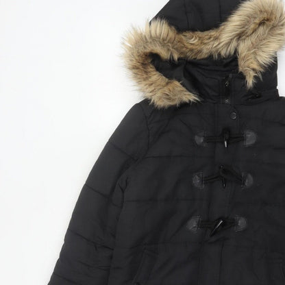 QED LDN Women’s Black UK 8 Hooded Fur Trim Puffer Jacket