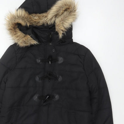 QED LDN Women’s Black UK 8 Hooded Fur Trim Puffer Jacket