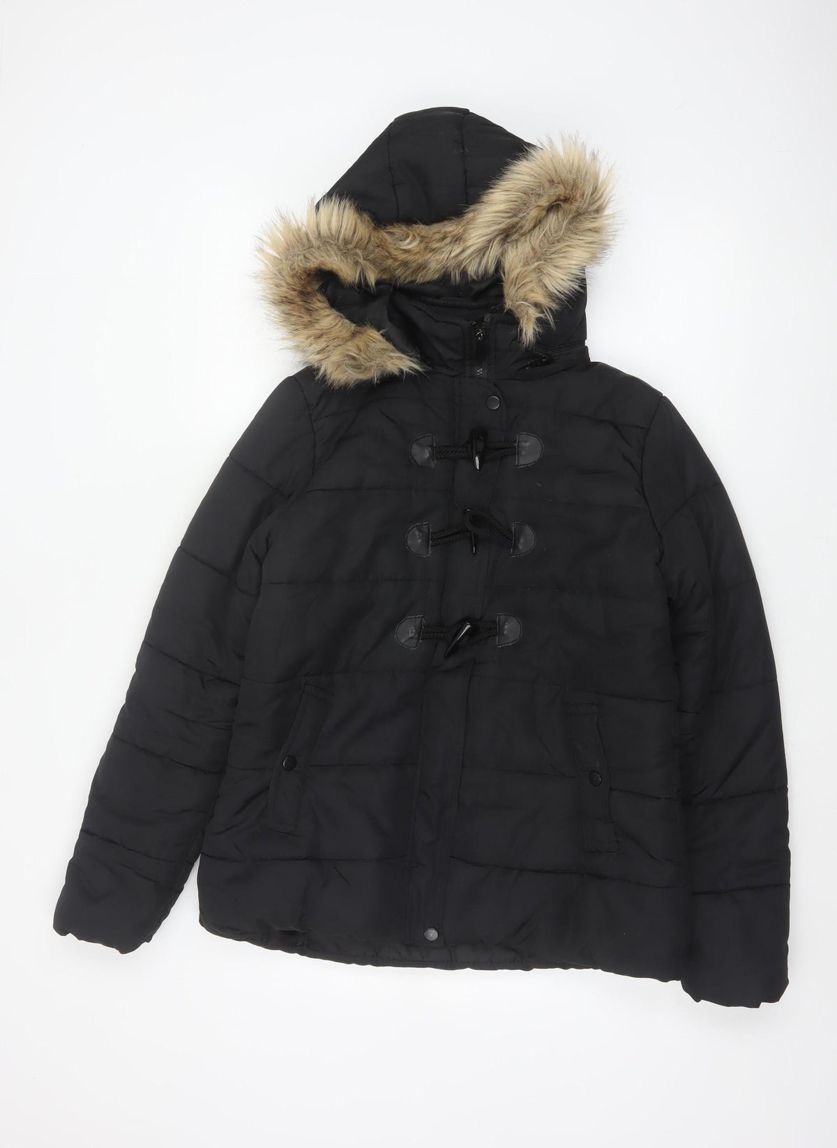 QED LDN Women’s Black UK 8 Hooded Fur Trim Puffer Jacket