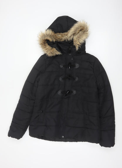 QED LDN Women’s Black UK 8 Hooded Fur Trim Puffer Jacket