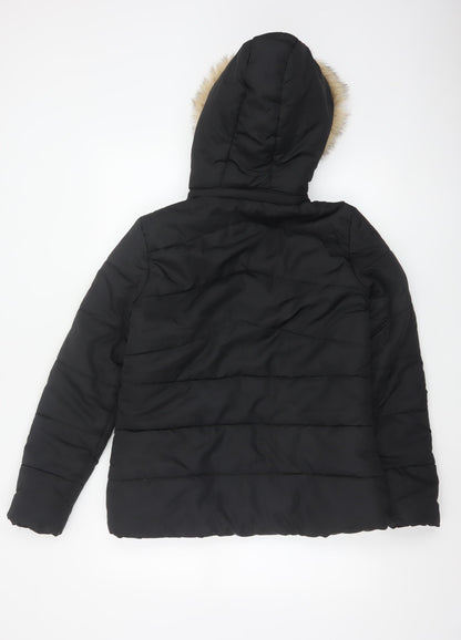 QED LDN Women’s Black UK 8 Hooded Fur Trim Puffer Jacket
