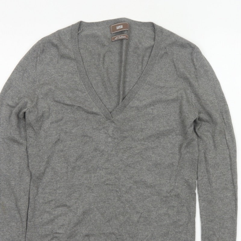 Marks and Spencer Women Grey UK 12 Cashmere Angora V-Neck Jumper