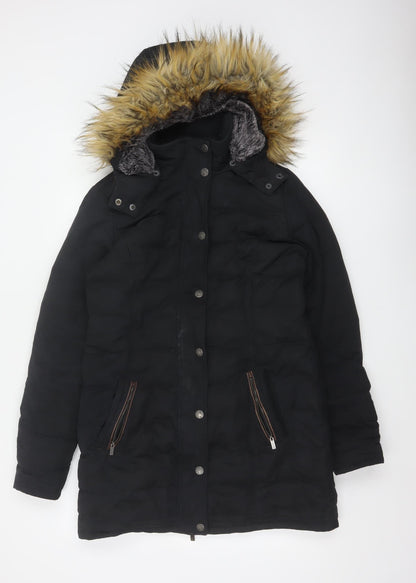 FatFace Women's Black UK 10 Long Hooded Fur Trim Parka Puffer Coat