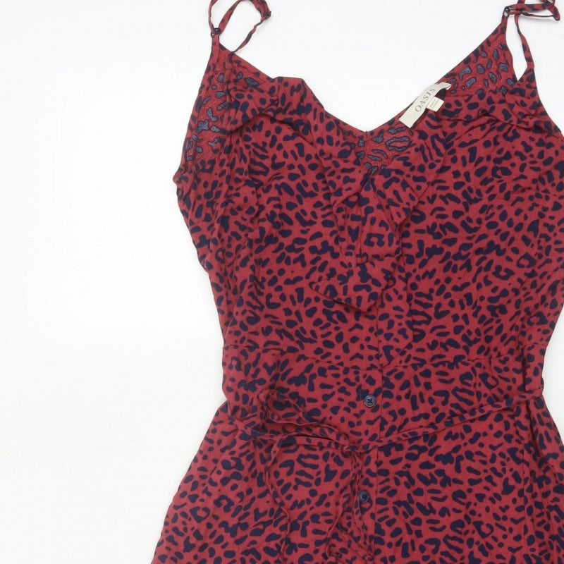 Oasis Women Red Animal Print UK 12 Skater Mini Tie Strap Dress