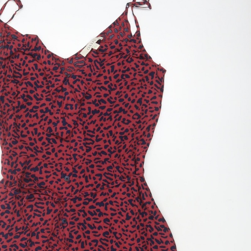 Oasis Women Red Animal Print UK 12 Skater Mini Tie Strap Dress