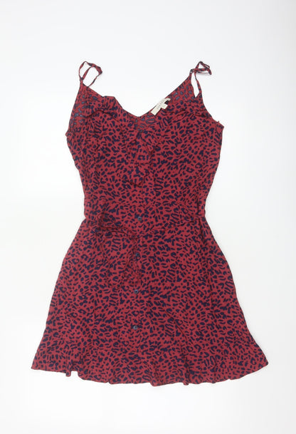 Oasis Women Red Animal Print UK 12 Skater Mini Tie Strap Dress