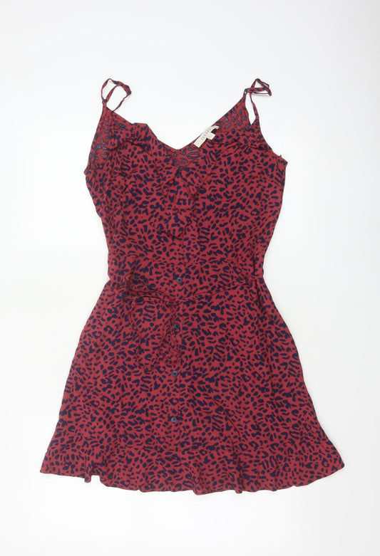 Oasis Women Red Animal Print UK 12 Skater Mini Tie Strap Dress