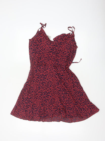 Oasis Women Red Animal Print UK 12 Skater Mini Tie Strap Dress