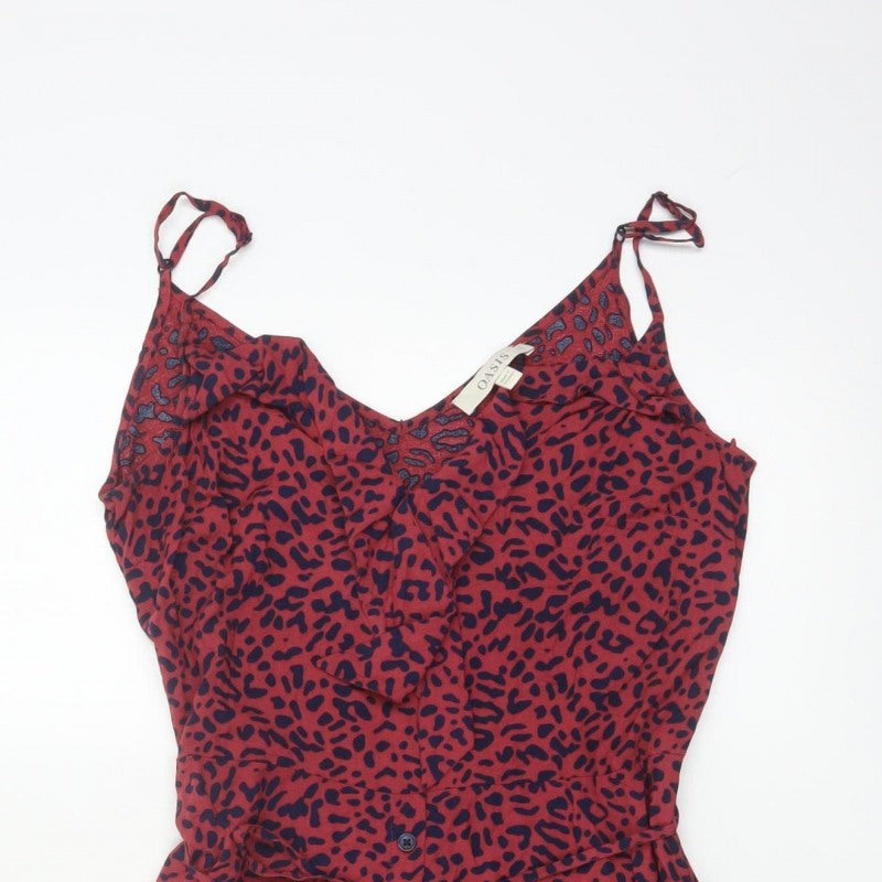Oasis Women Red Animal Print UK 12 Skater Mini Tie Strap Dress