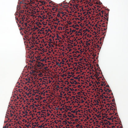 Oasis Women Red Animal Print UK 12 Skater Mini Tie Strap Dress