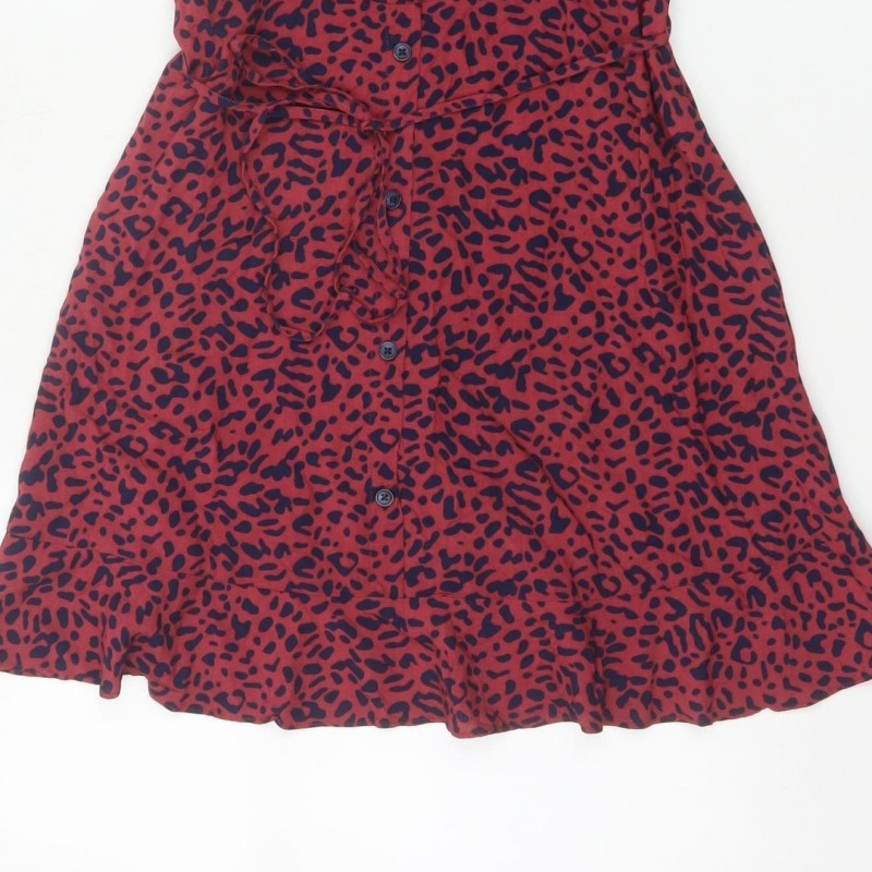Oasis Women Red Animal Print UK 12 Skater Mini Tie Strap Dress