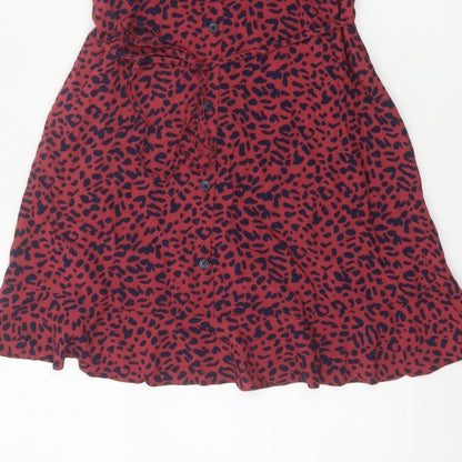 Oasis Women Red Animal Print UK 12 Skater Mini Tie Strap Dress