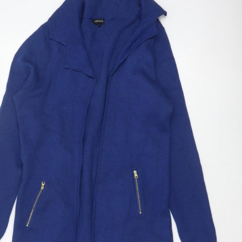 Jaeger Women’s Blue L Longline Open Knit Cardigan Zip Pockets