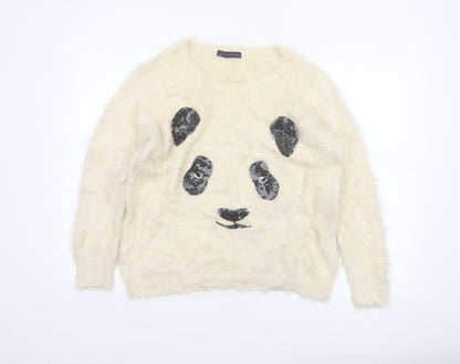 M&S Women Ivory UK 14 Cat Face Sequin Fuzzy Knit Pullover Jumper