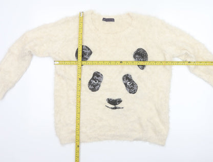 M&S Women Ivory UK 14 Cat Face Sequin Fuzzy Knit Pullover Jumper