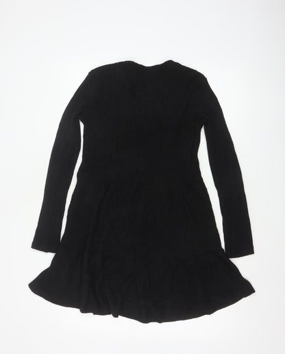 Zara Trafaluc Women Black S Fit & Flare Rib Knit Long Sleeve Dress