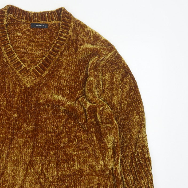 Zara Knit Women’s Brown L V-Neck Chenille Pullover Jumper