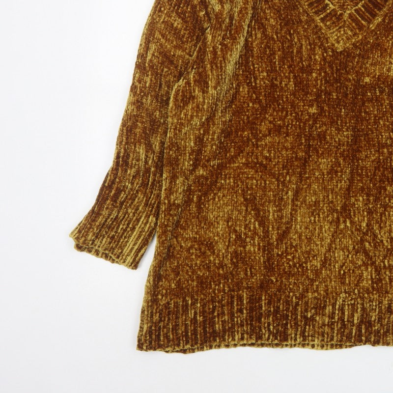Zara Knit Women’s Brown L V-Neck Chenille Pullover Jumper