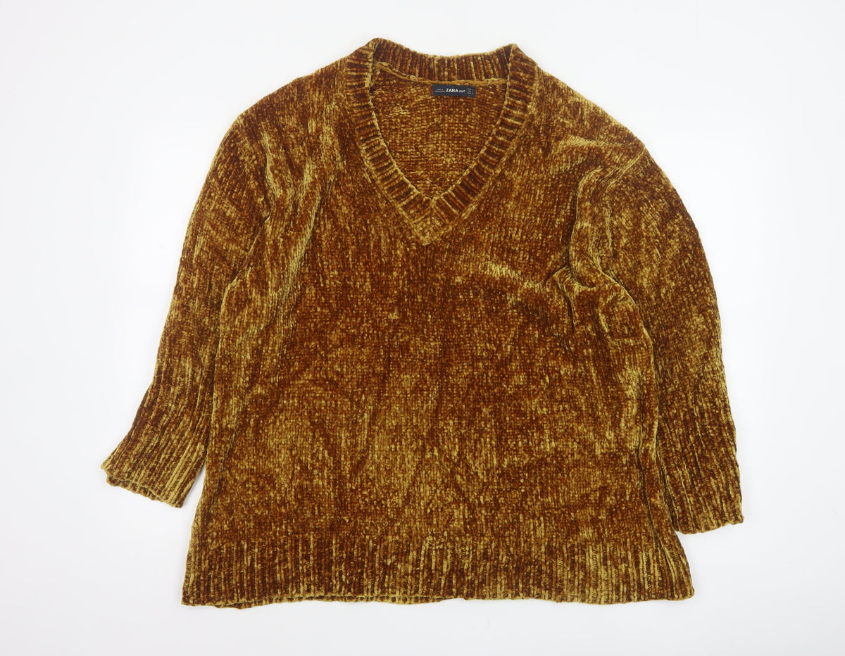 Zara Knit Women’s Brown L V-Neck Chenille Pullover Jumper