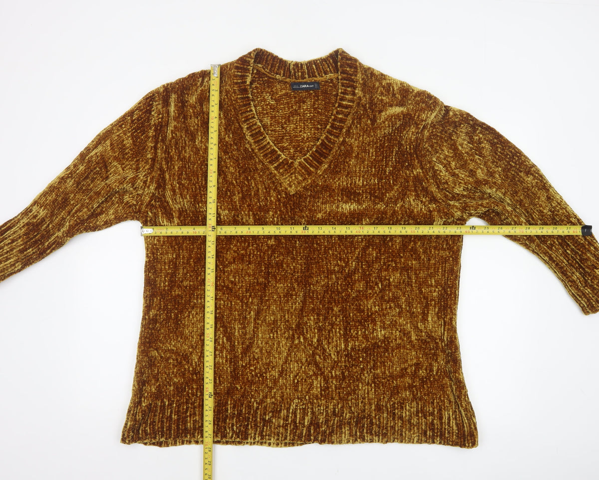 Zara Knit Women’s Brown L V-Neck Chenille Pullover Jumper