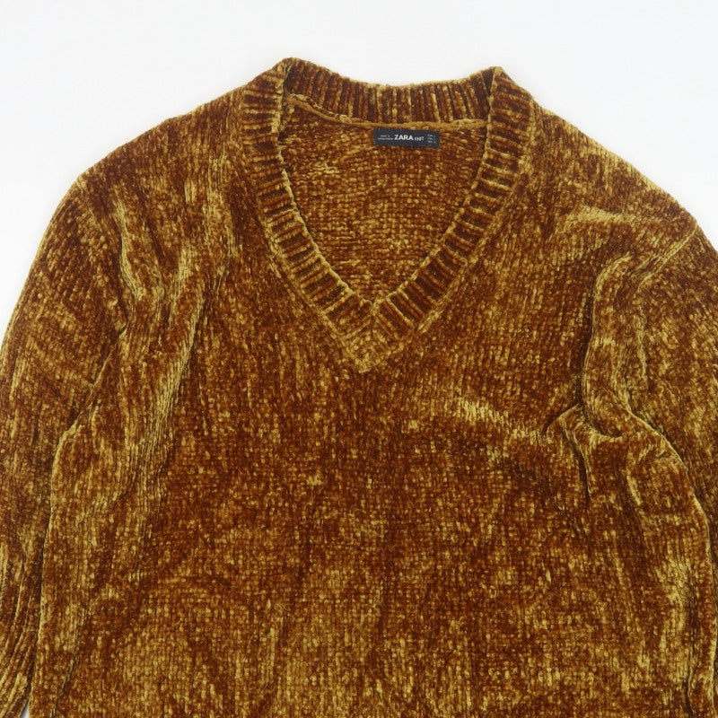 Zara Knit Women’s Brown L V-Neck Chenille Pullover Jumper