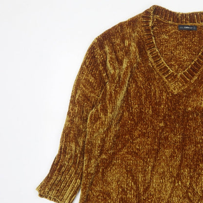 Zara Knit Women’s Brown L V-Neck Chenille Pullover Jumper