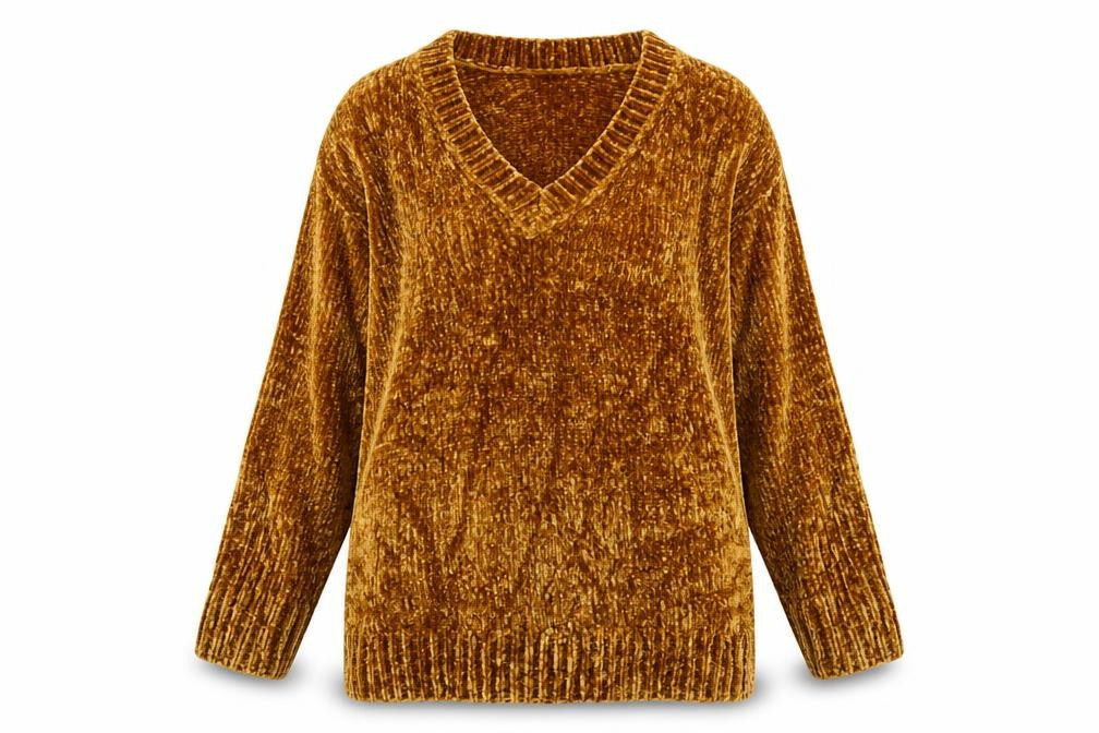 Zara Knit Women’s Brown L V-Neck Chenille Pullover Jumper