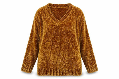 Zara Knit Women’s Brown L V-Neck Chenille Pullover Jumper