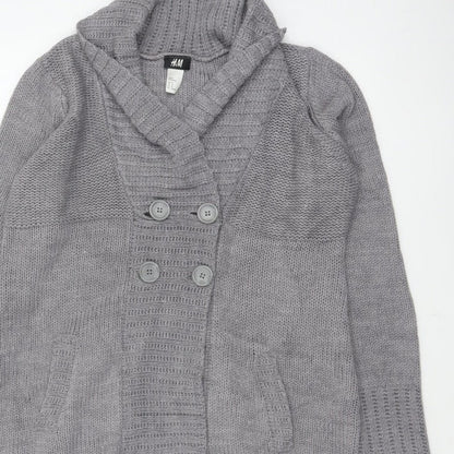 H&M Women Grey M Chunky Knit Button Cowl Neck Cardigan